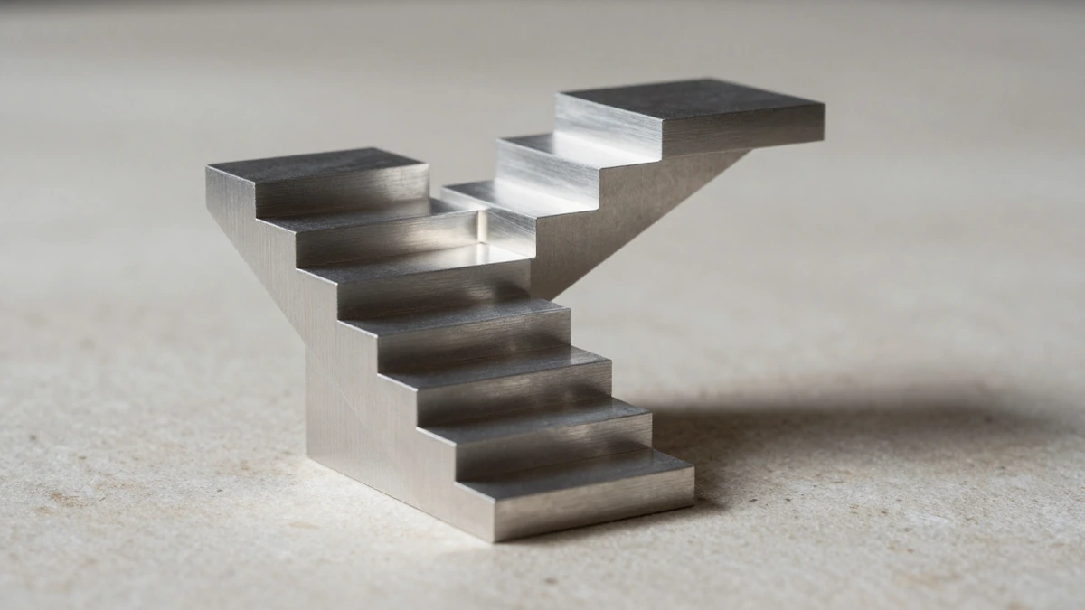 Escalera de metal con peldaños geométricos de alturas desiguales, destacando la brecha y precisión estructural