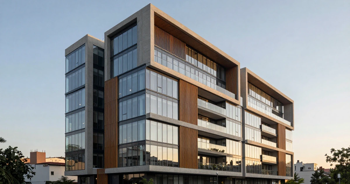 Edificio residencial moderno en CDMX con fachada de cristal, hormigón pulido y listones de madera bajo luz dorada de tarde