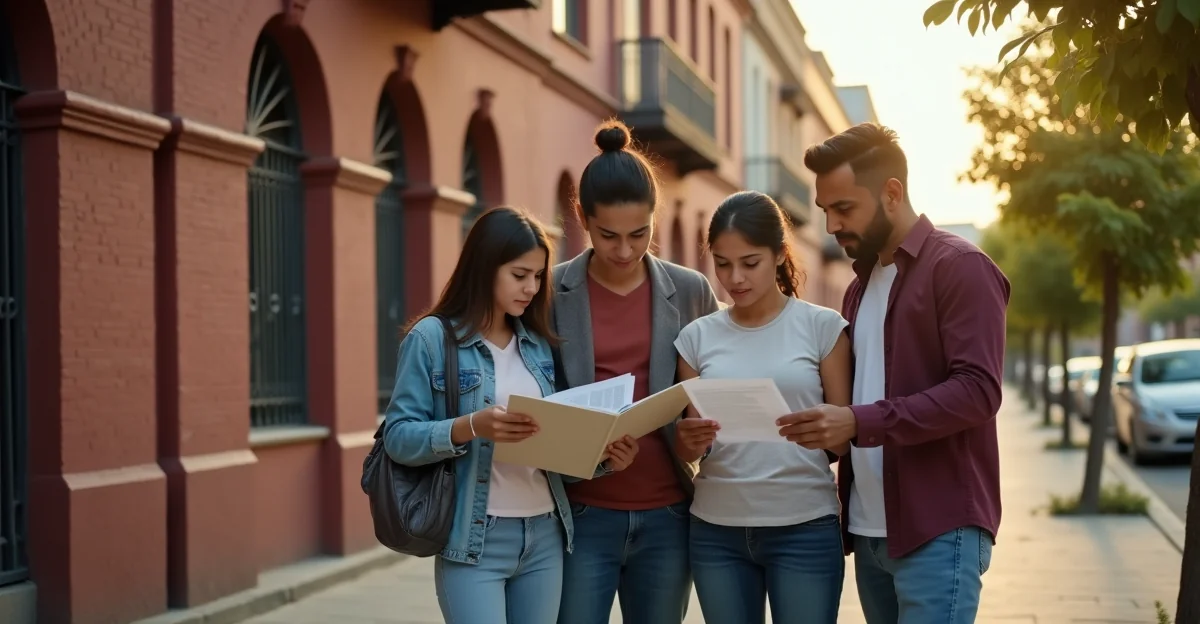 Familia mexicana revisa documentos de crédito frente a edificio residencial de ladrillo en Iztapalapa, con balcones de hierro