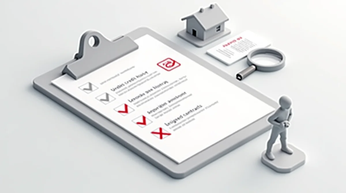 Checklist 3D con errores comunes en créditos hipotecarios: historial crediticio bajo lupa, casa con avalúo, contrato tachado