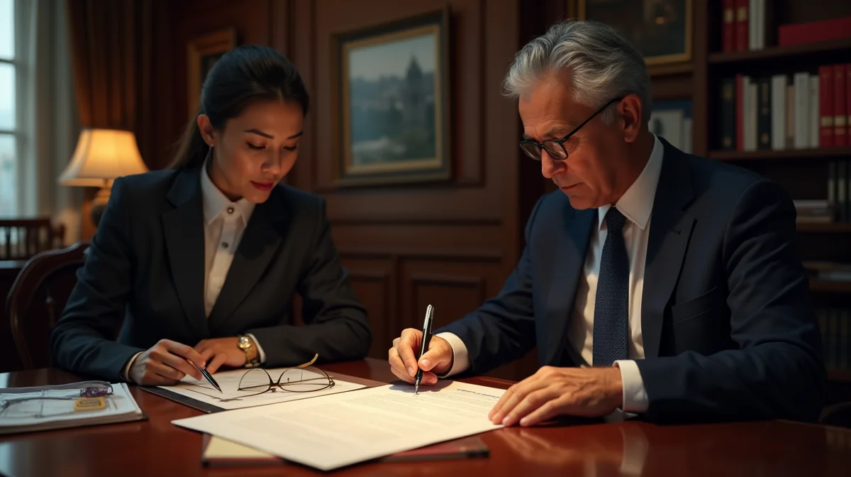 Notario revisando contrato hipotecario con cliente en notaría de CDMX, documentos, sello y lámpara de escritorio