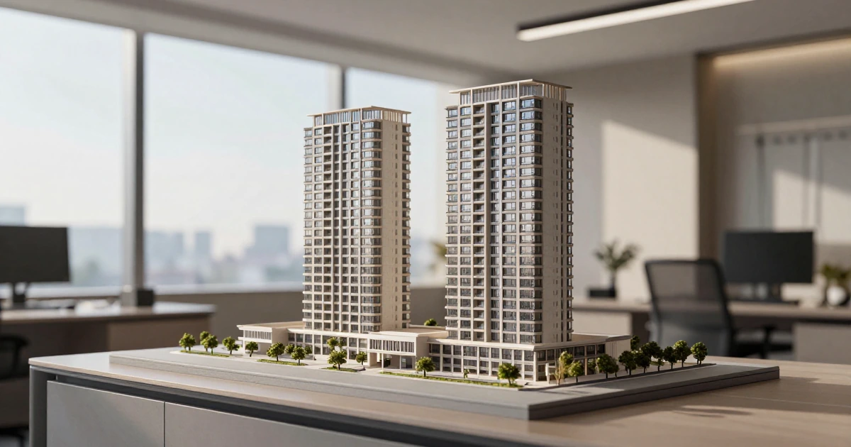 Maqueta arquitectónica de un complejo de departamentos moderno sobre un escritorio, destacando precisión y diseño urbano