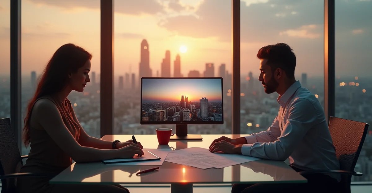 Pareja revisando documentos de crédito en oficina moderna con skyline de Ciudad de México al atardecer de fondo