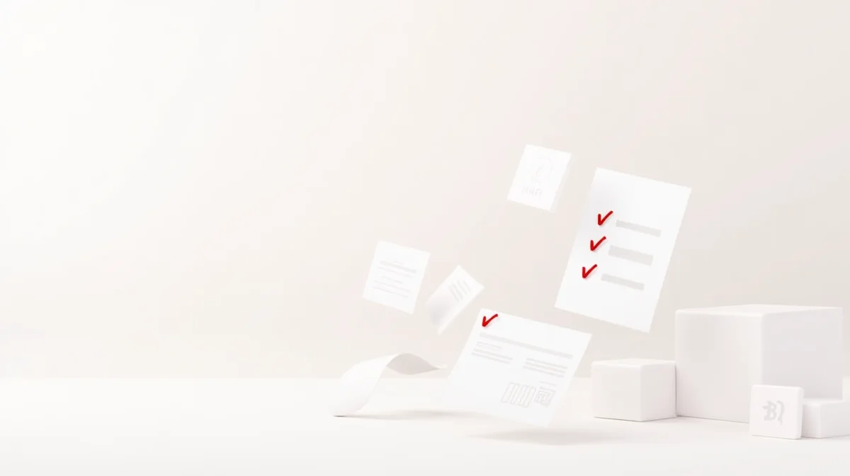 Ilustración que muestra una checklist de documentos (INE, CURP, RFC, comprobante de domicilio, estado de cuenta) con íconos